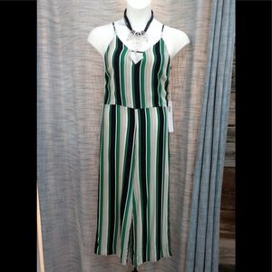 Green/black stripe cropped jumpsuit with adjustable straps.
